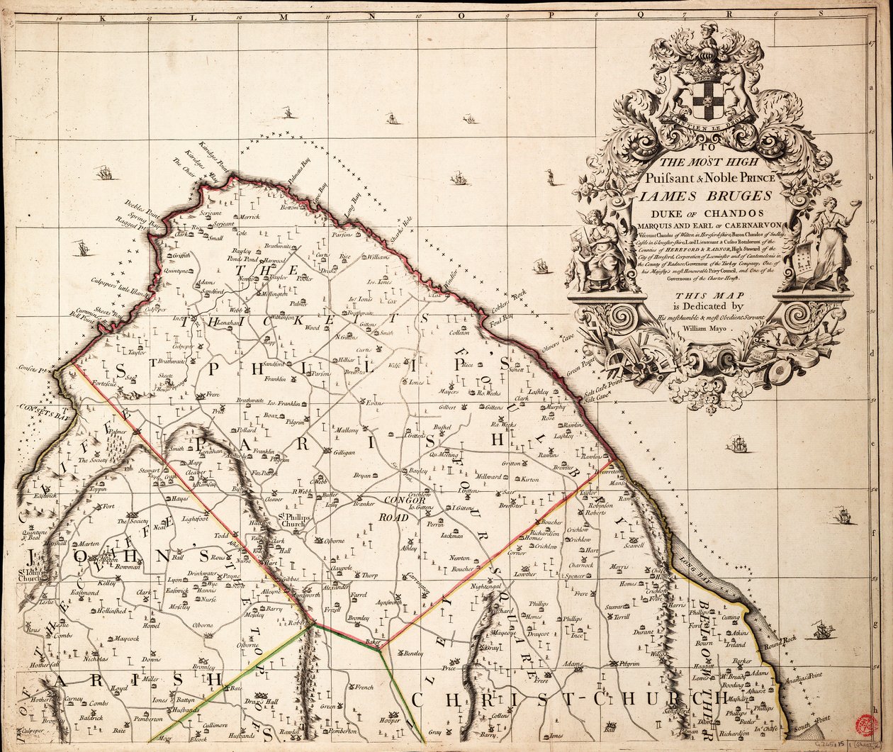 Eine neue und genaue Karte der Insel Barbados in Amerika nach einer Vermessung in den Jahren 1717 bis 1721 von William Mayo von John Senex