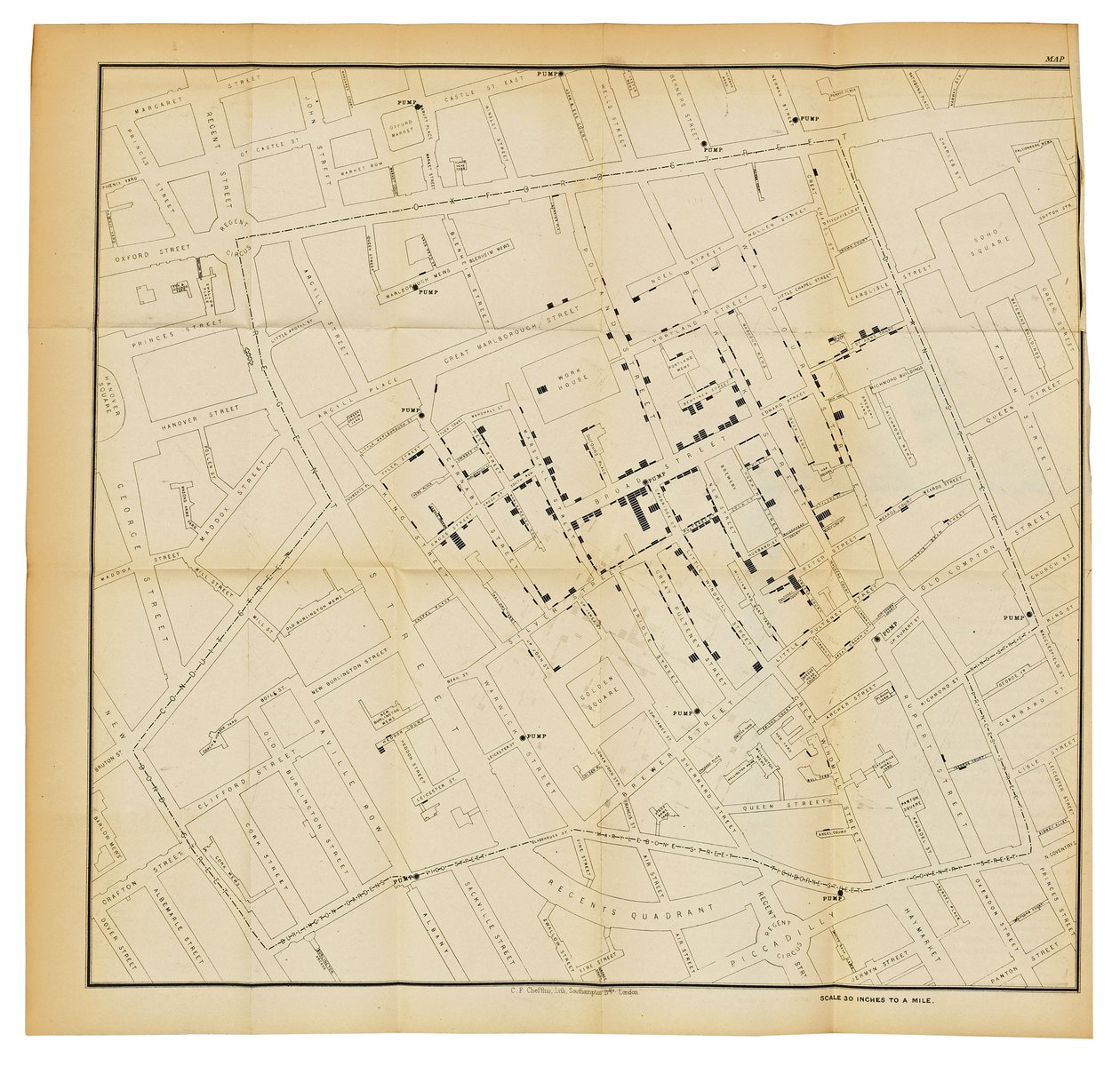 Eine Karte aus "Über die Art der Übertragung der Cholera", 1855 von John Snow