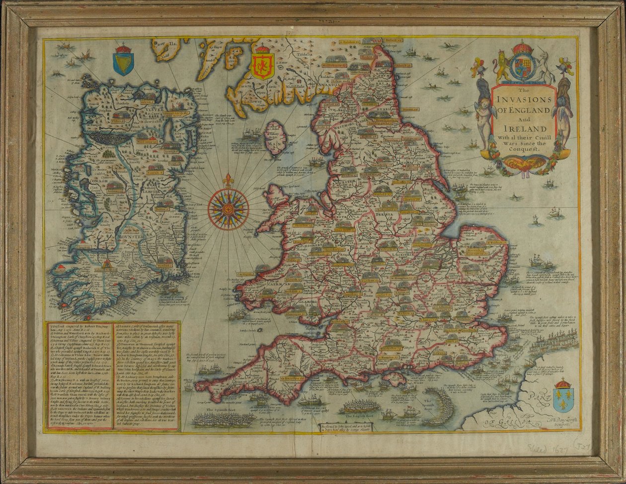 Karte, die die Invasionen von England und Irland mit all ihren Bürgerkriegen seit der Eroberung darstellt, ca. 1627 von John Speed