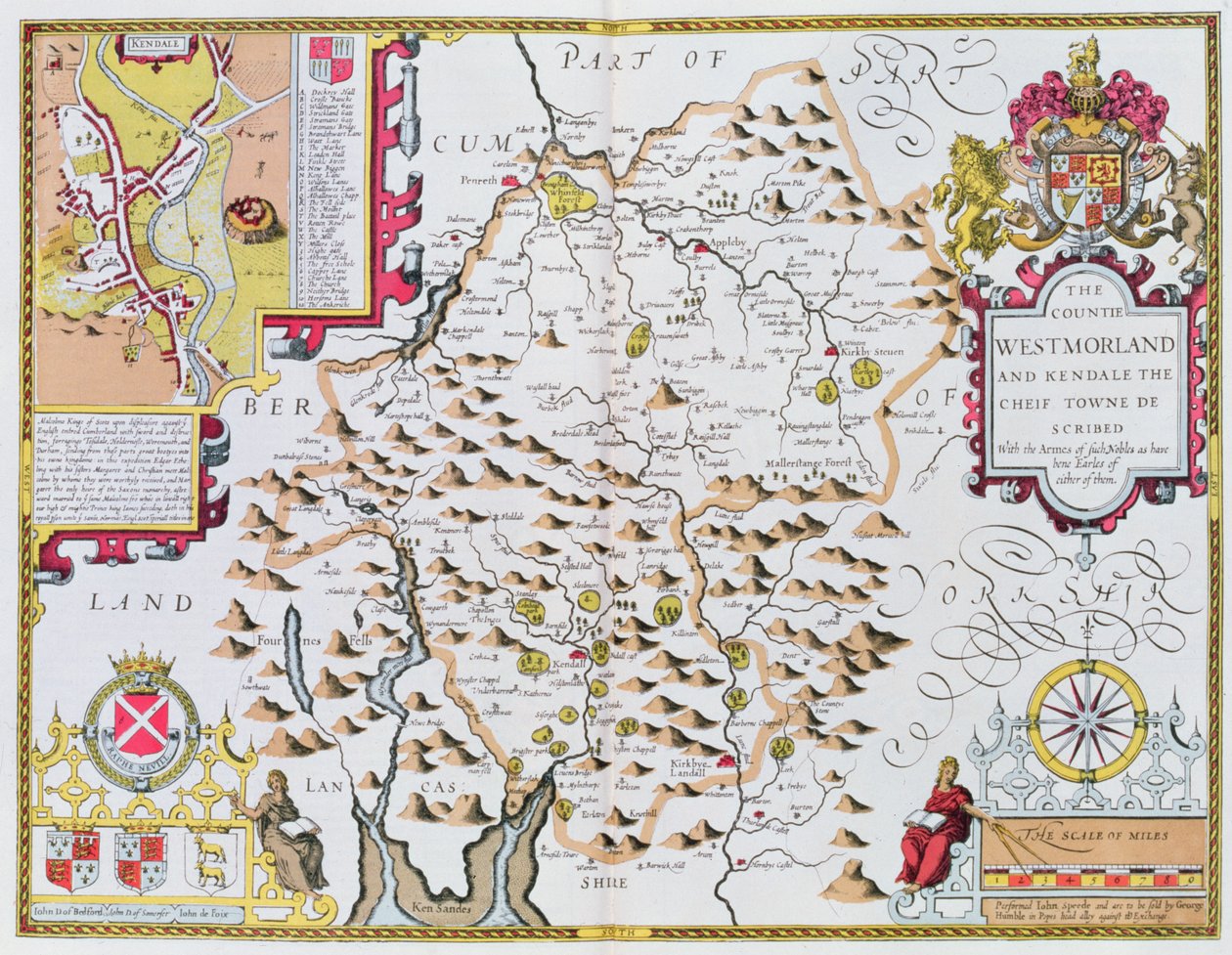Die Grafschaft Westmorland, graviert von Jodocus Hondius (1563-1612) aus John Speeds Theatre of the Empire of Great Britain, veröffentlicht von John Sudbury und George Humble, 1611-12 von John Speed