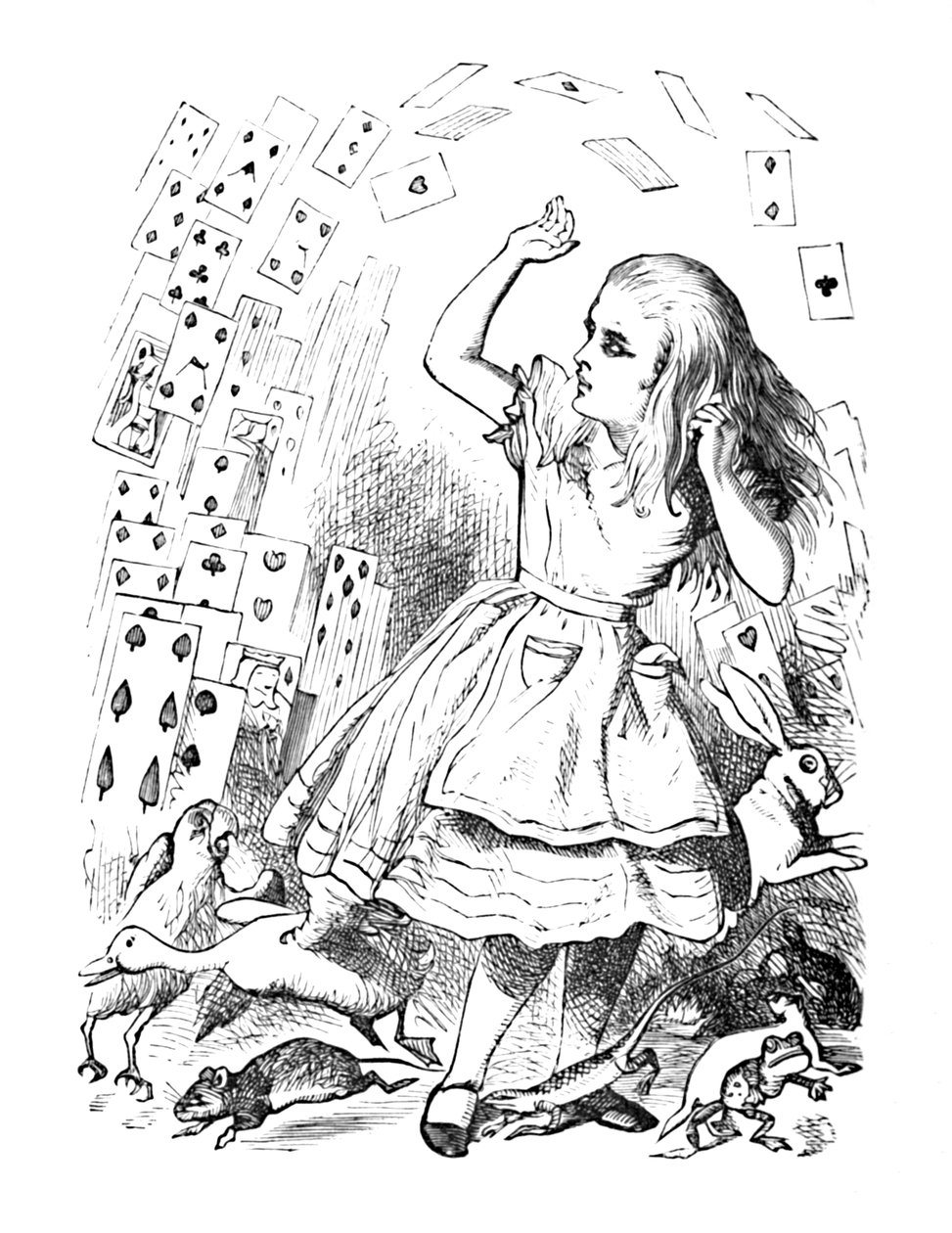 Ein Kartenspiel fliegt über Alice, 1889 von John Tenniel