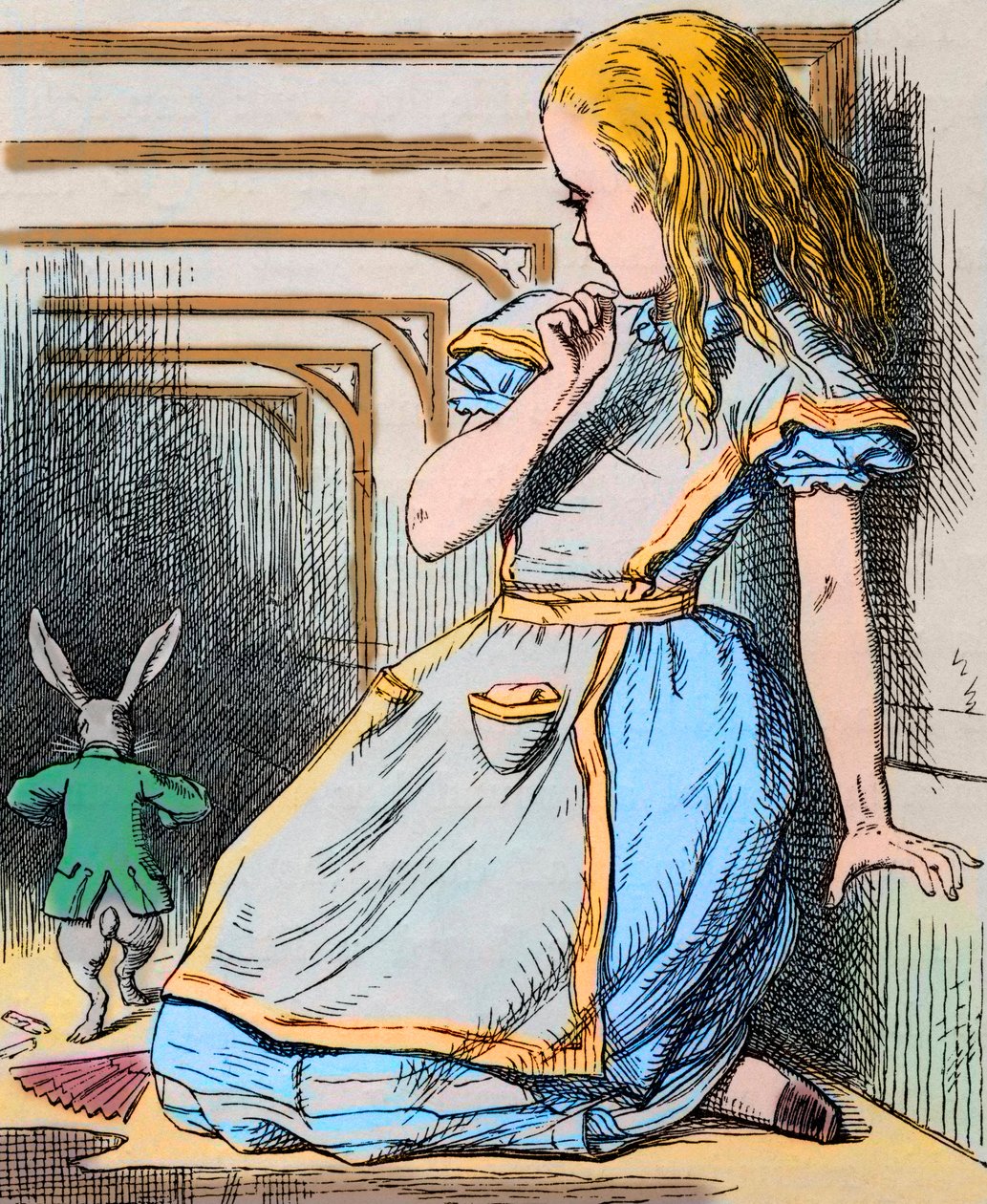 Alice und das weiße Kaninchen. Illustration von John Tenniel aus der ersten Ausgabe von Lewis Carrolls 
