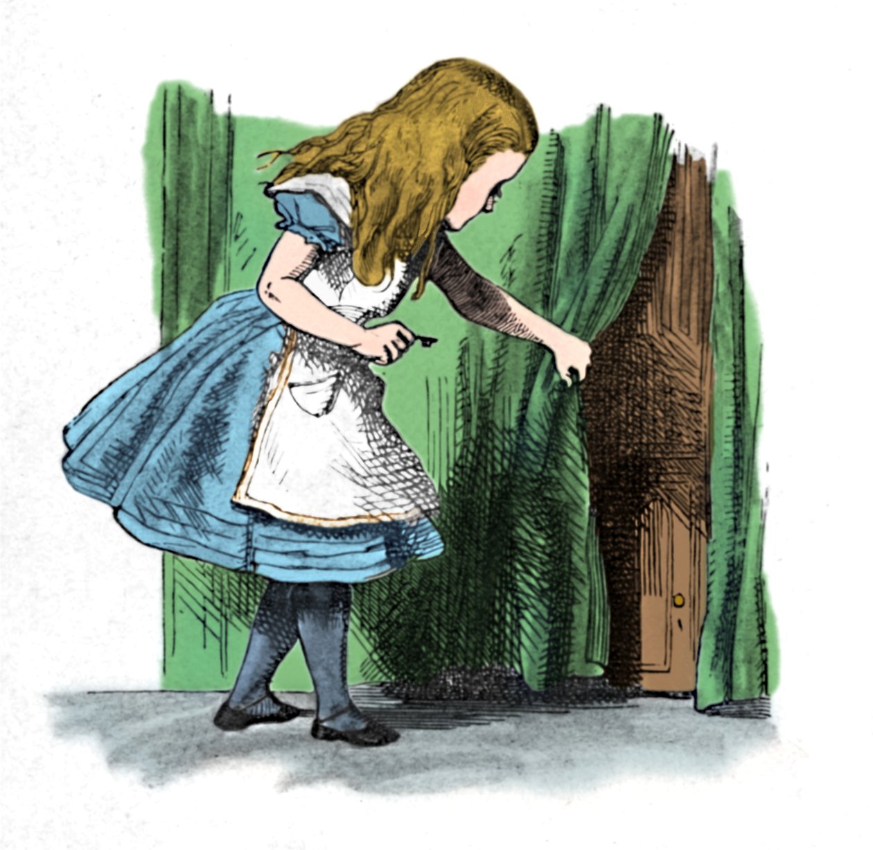 Alice schaut auf eine kleine Tür hinter einem Vorhang, 1889 von John Tenniel