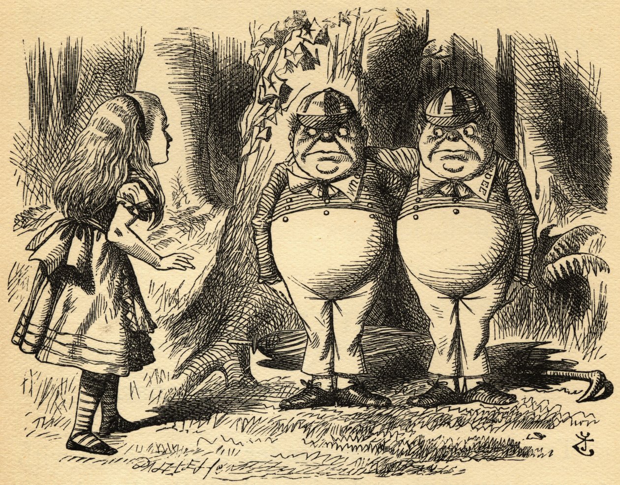 Alice mit Tweedledum und Tweedledee. Illustration von Sir John Tenniel von John Tenniel