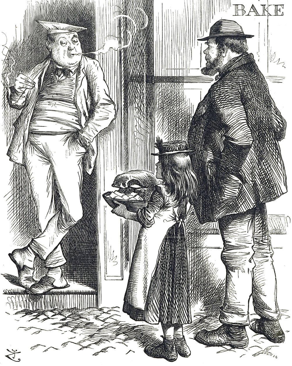 Karikatur, die die eingeschränkten Kochmöglichkeiten in armen Haushalten kommentiert, wo es oft keinen Ofen gab von John Tenniel