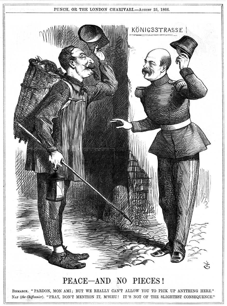 Napoleon III., französischer Kaiser 1852-1870, als Lumpensammler (Chiffonnier) verkleidet, von Otto von Bismarck, dem preußischen Kanzler, gewarnt. Napoleons territoriale Ambitionen führten zum Deutsch-Französischen Krieg von 1870-71. John Tenniel Karikatu von John Tenniel