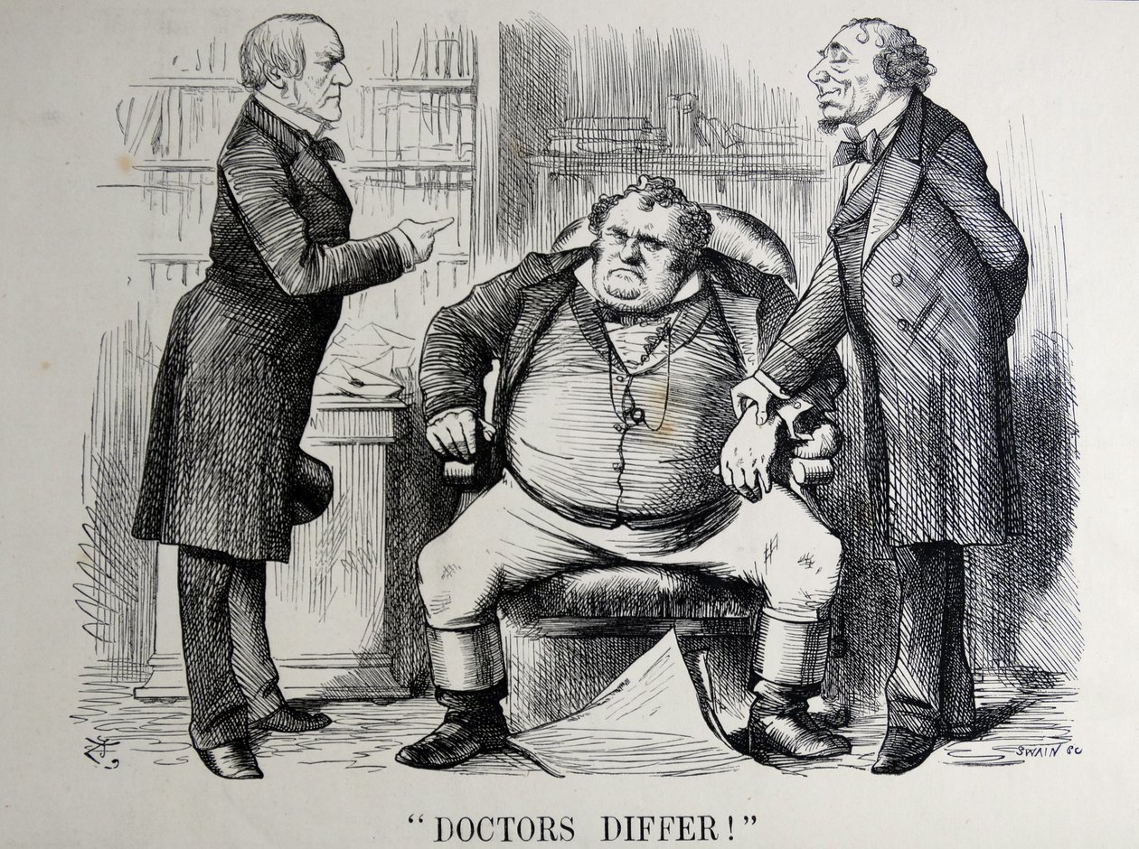 Politische Satire darstellend William Ewart Gladstone, Benjamin Disraeli und John Bull von John Tenniel
