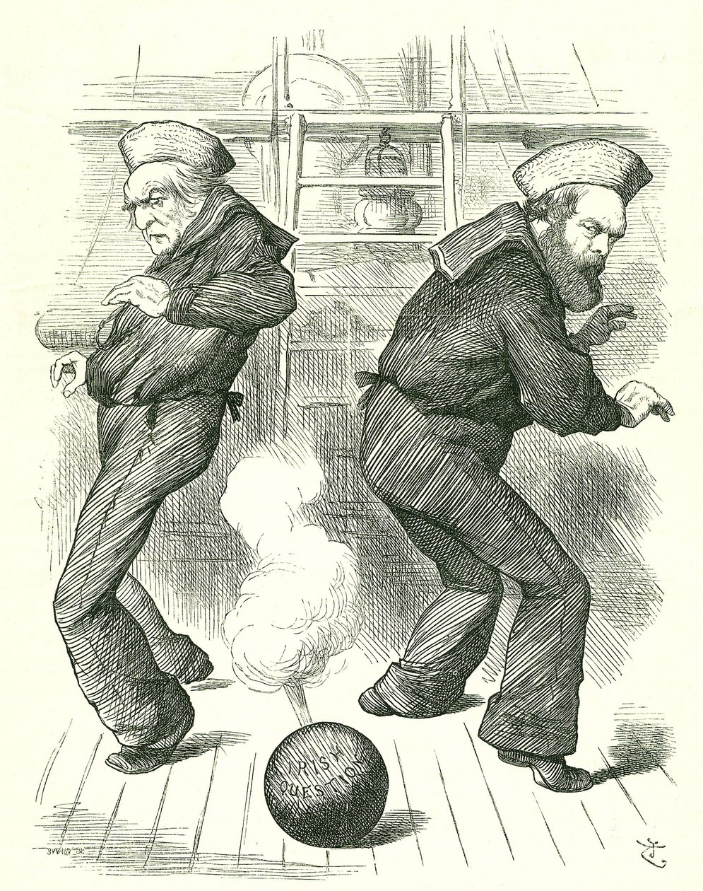 Die lebende Granate: Salisburys (rechts) Regierung trat im Januar zurück, gefolgt im Februar von der dritten Gladstone (links) Regierung. Keiner der Politiker freute sich darauf, sich mit den Problemen Irlands zu befassen. John Tenniel Karikatur aus Punch, von John Tenniel