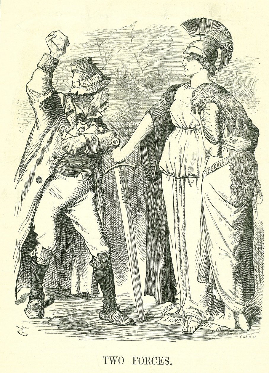 Zwei Kräfte: Irische Land League verboten. Britannia schützt Hibernia (Irland) mit der Kraft des Gesetzes gegen die Kraft der Anarchie. John Tenniel Karikatur aus Punch, London, 29. Oktober 1881. von John Tenniel