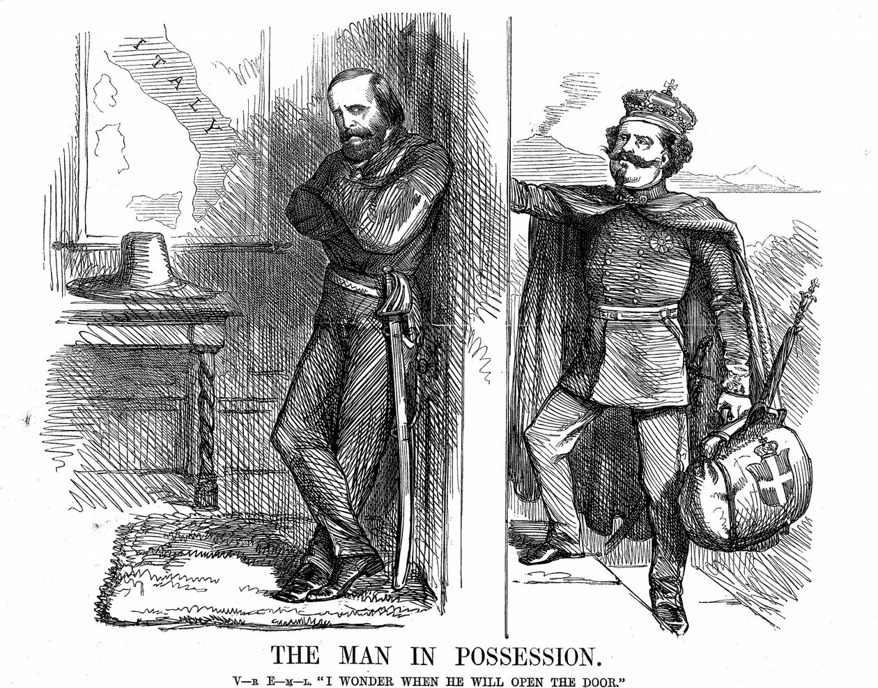 Vereinigung Italiens: Viktor Emanuel II., erster König von Italien ab Februar 1861, klopft an die Tür von Neapel, das Garibaldi mit seinen Rothemden im Namen des neuen Königreichs Italien erobert hat. John Tenniel Karikatur aus Punch von John Tenniel