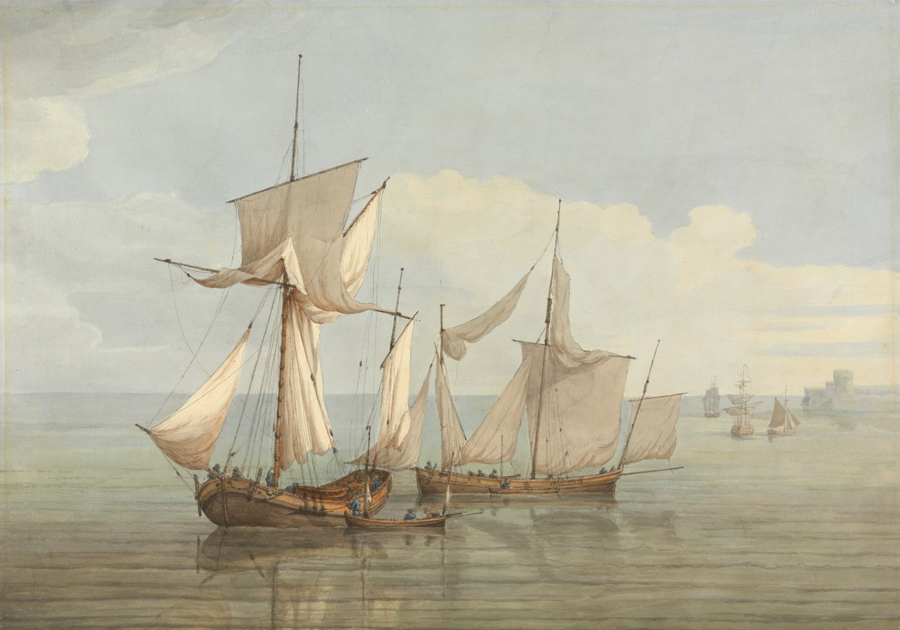 Eine Hoy und ein Lugger mit anderen Schiffen auf ruhiger See von John Thomas Serres