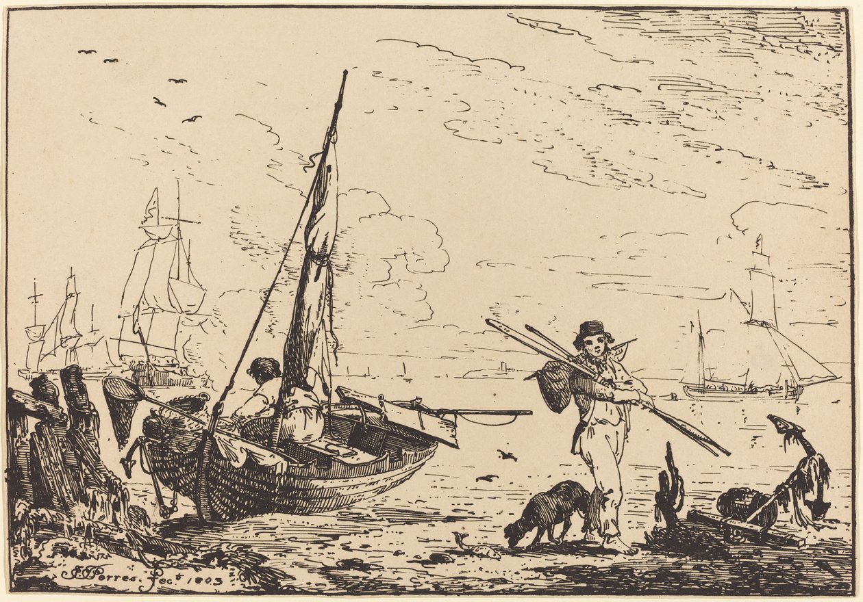 Marine: Fischerboote am Ufer, Mann mit Rudern, Schiff in der Ferne von John Thomas Serres