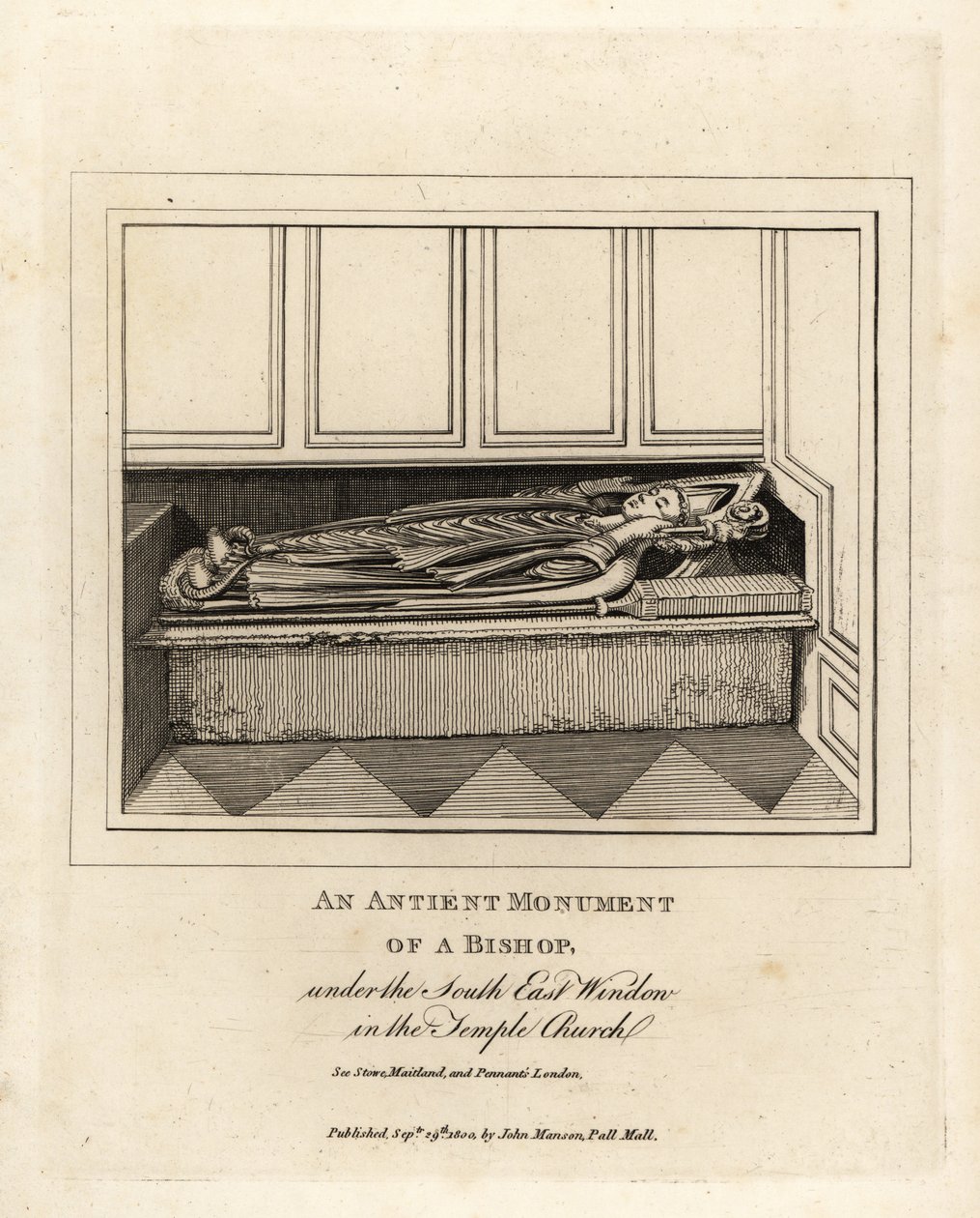 Altes Denkmal eines Bischofs unter dem südöstlichen Fenster der Temple Church aus dem 12. Jahrhundert, London von John Thomas Smith
