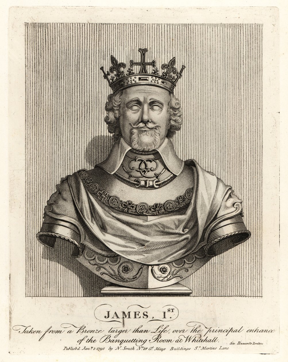 König James I. von England, entnommen von einer Bronzebüste über dem Eingang des Bankettsaals in Whitehall von John Thomas Smith