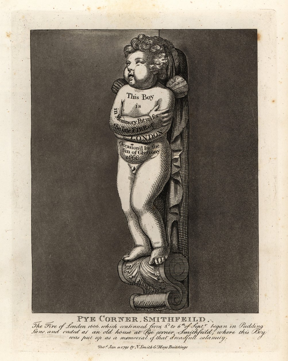 Denkmal eines Jungen an der Pye Corner, Smithfield, zur Erinnerung an das Feuer von London 1666 in der nahegelegenen Pudding Lane von John Thomas Smith