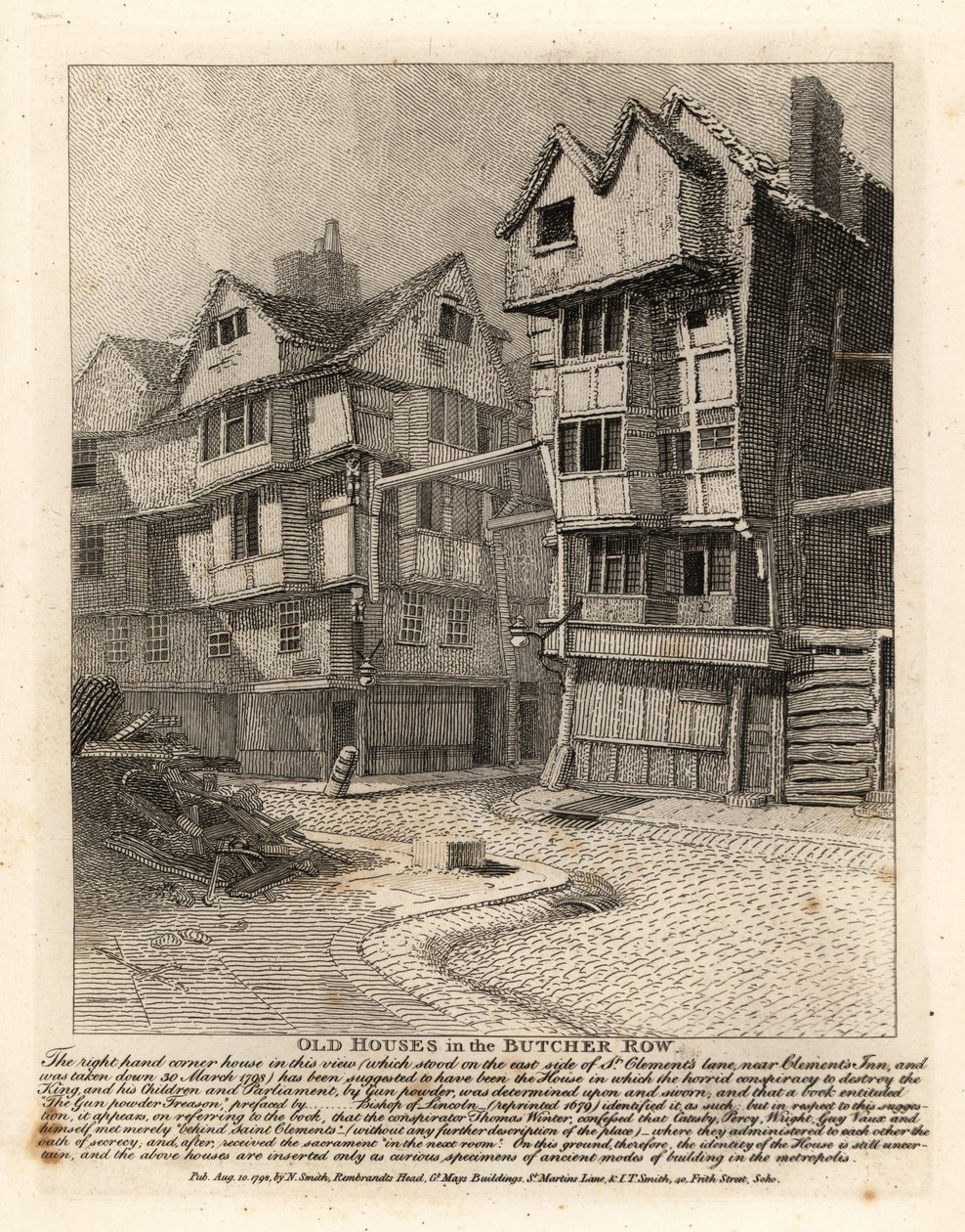 Alte Häuser in der Butcher Row, London. Das Eckhaus auf der rechten Seite in der St. Clement’s Lane wurde angeblich von den Anführern des Schießpulverkomplotts genutzt von John Thomas Smith