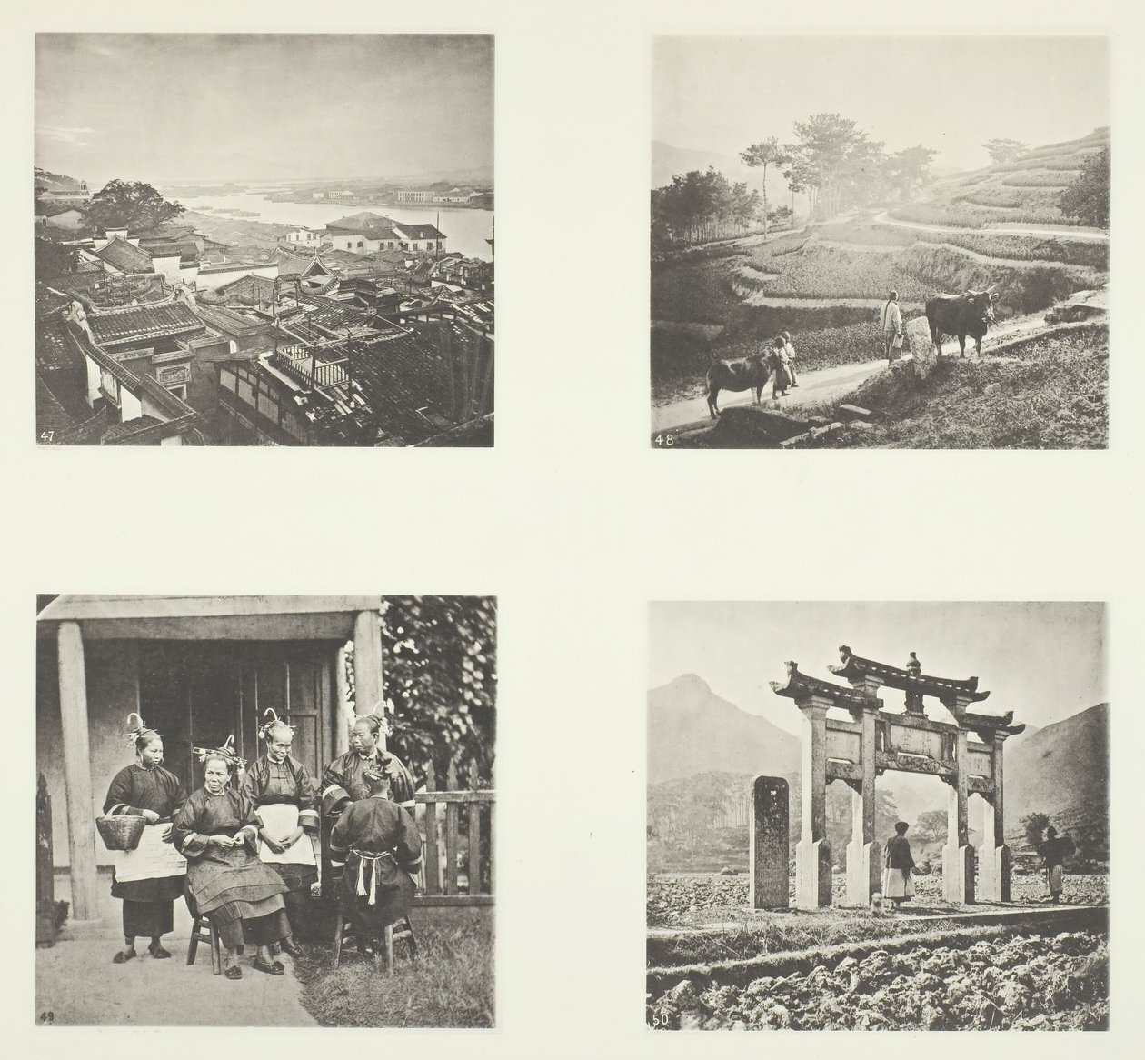 Teil der Foochow-Ausländersiedlung, Terrassierung der Hügel, Foochow-Feldfrauen, ein Gedenkbogen, um 1868 von John Thomson