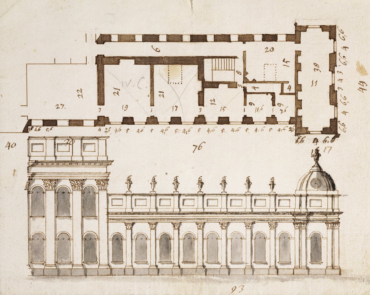Castle Howard, Yorkshire: Ein früher Entwurf für die drei Buchten der Erhebung der Süd- oder Gartenseite und neun Buchten einstöckiger seitlicher Flügel mit einem Ausschnitt des Grundrisses, ca. 1699 von John Vanbrugh