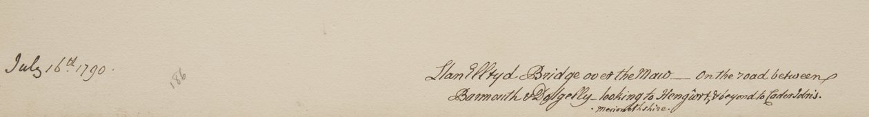 Llanelltyd-Brücke über den Maw, auf der Straße zwischen Barmouth und Dolgellau, Blick auf Hengwrt und weiter auf Cader Idris, Merionethshire, 16. Juli 1790 von John Warwick Smith
