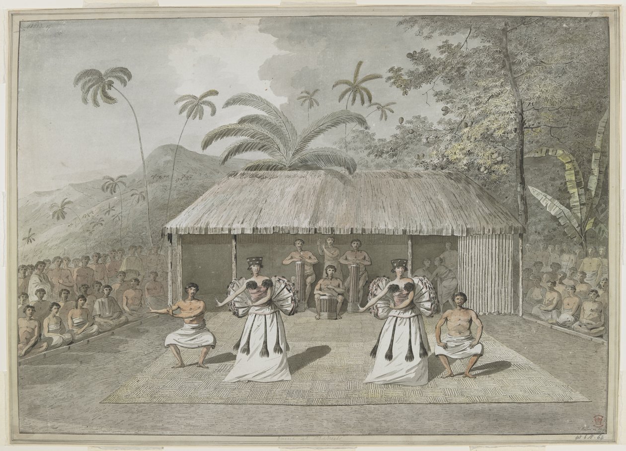 [Gesamte Zeichnung] Ein Tanz oder Heiva auf Otaheite [Tahiti]. Zwei Männer und zwei Frauen tanzen, mit Trommlern dahinter und Zuschauern auf beiden Seiten. September 1777 von John Webber
