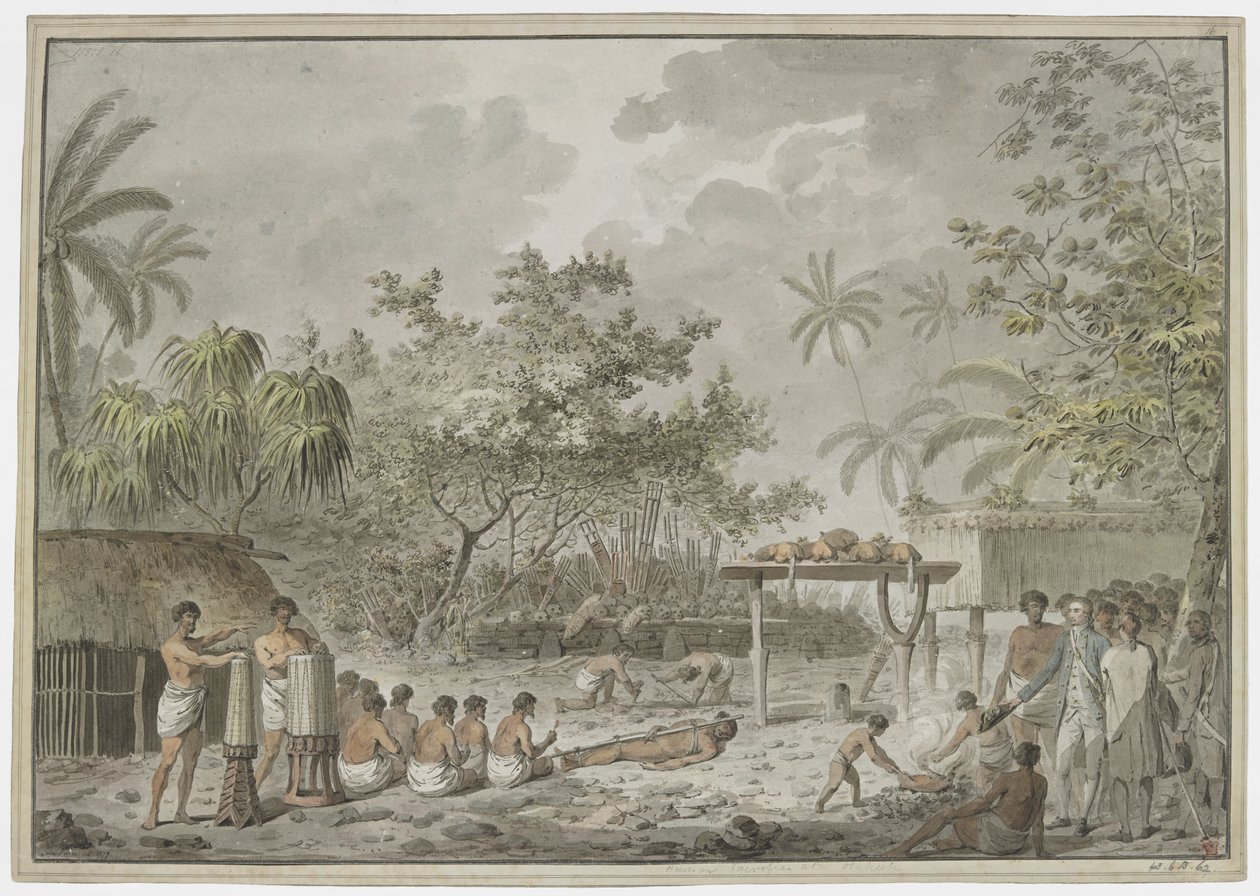 Menschliches Opfer am großen Morai in Attahouroo, Tahiti, beobachtet von Captain Cook am 1. September 1777 von John Webber