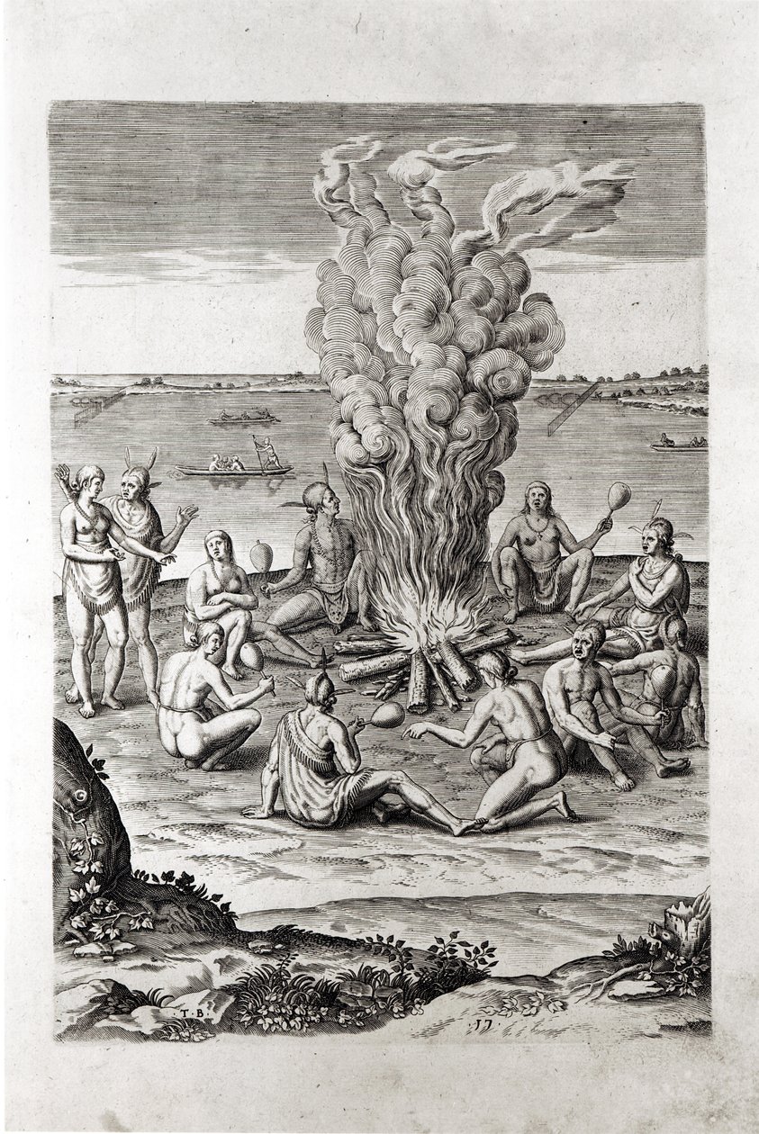 Indianer beten um ein Feuer, Gravur aus Hariots 
