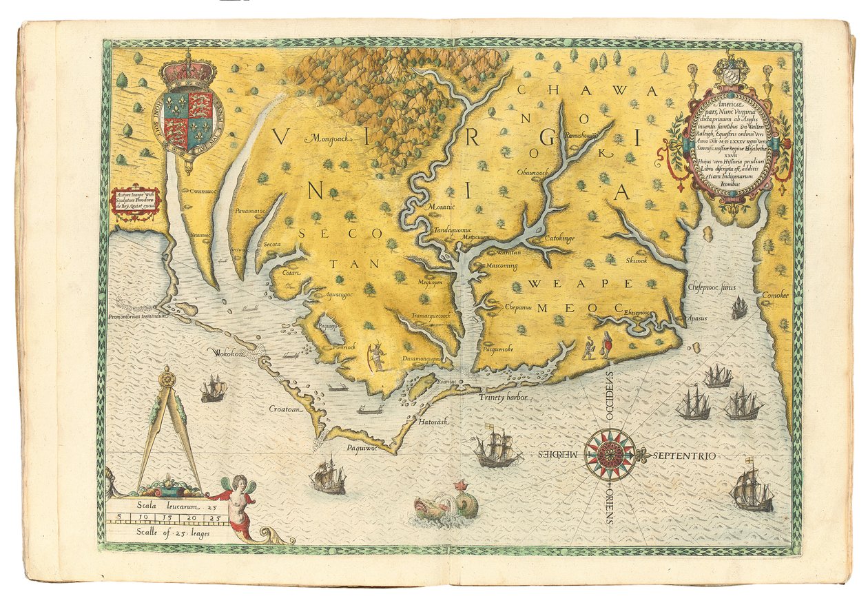 Karte von Virginia, die die Ankunft der Expedition von Sir Walter Raleigh im Jahr 1585 zeigt von John White
