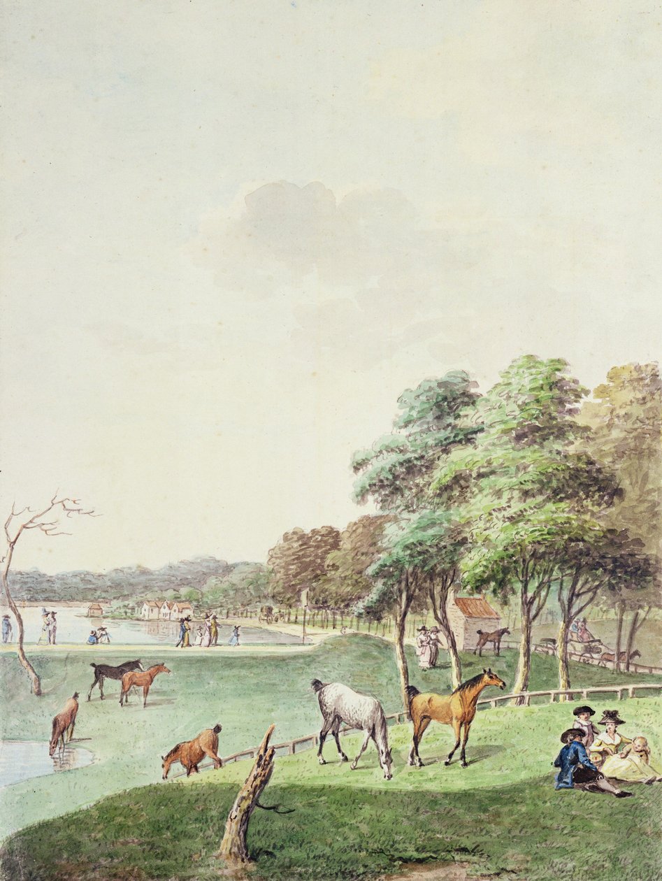Das Ostende der Serpentine und eine entfernte Ansicht des Badehauses, 1794 von John White Abbott