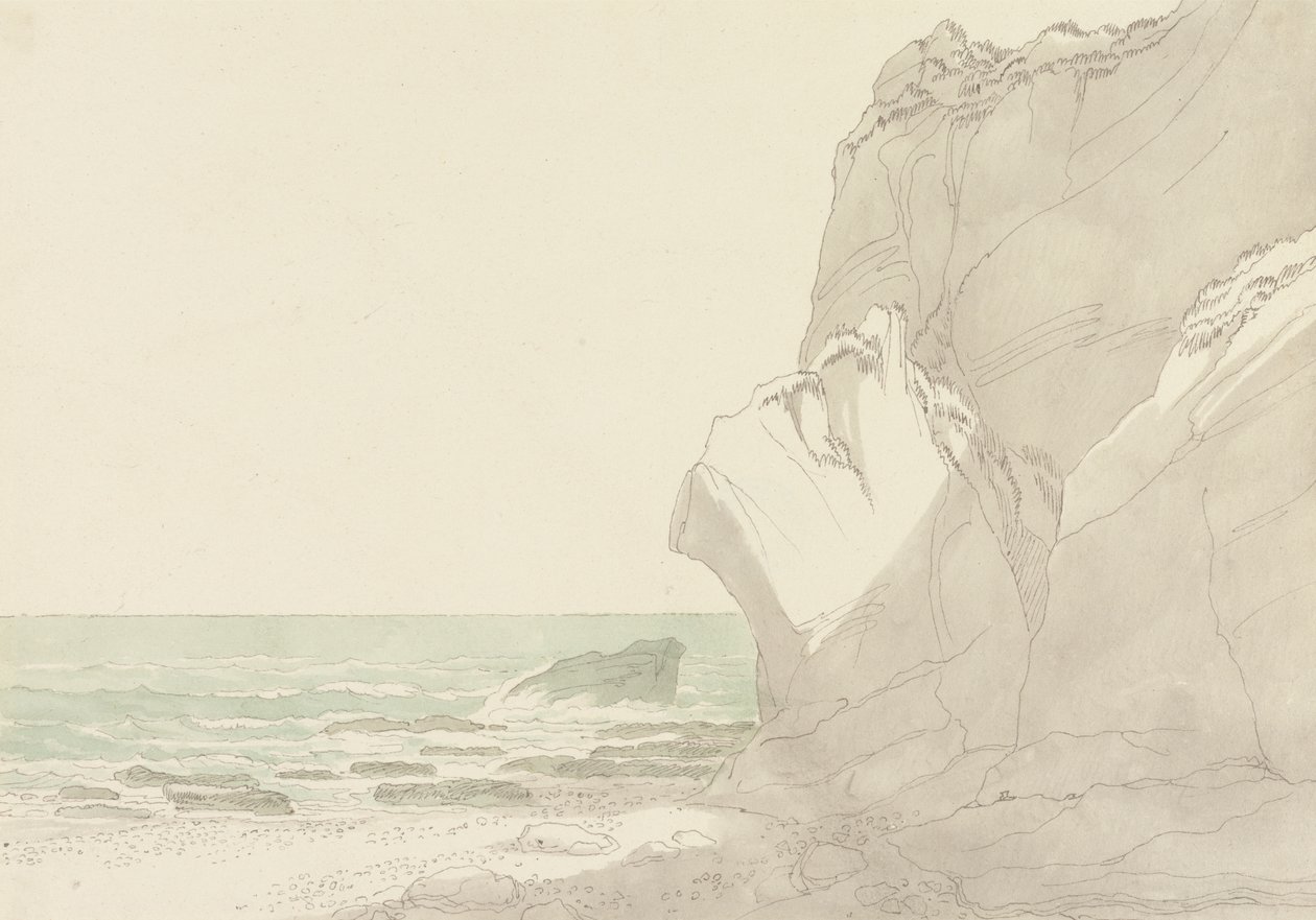 The Warren bei Exmouth, Devon: Steile Klippen rechts, Meer und felsige Küste links von John White Abbott