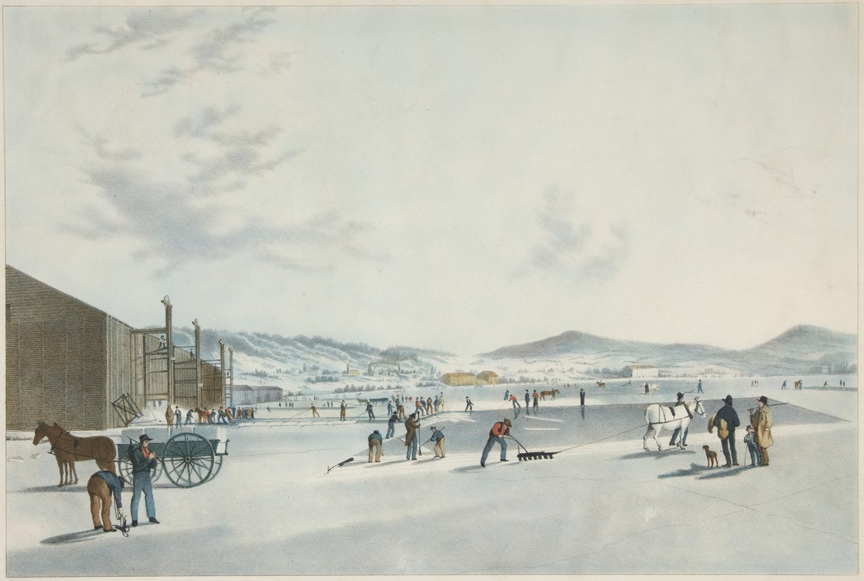 Rockland Lake - Eis schneiden. Blick aus Nordosten, veröffentlicht 1849 von John William Hill