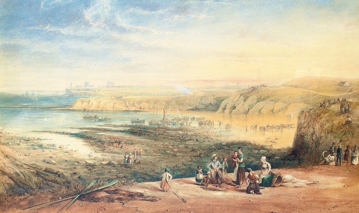 Cullercoats in Richtung Tynemouth, Northumberland, mit Fischern im Vordergrund, 1836 von John Wilson Carmichael