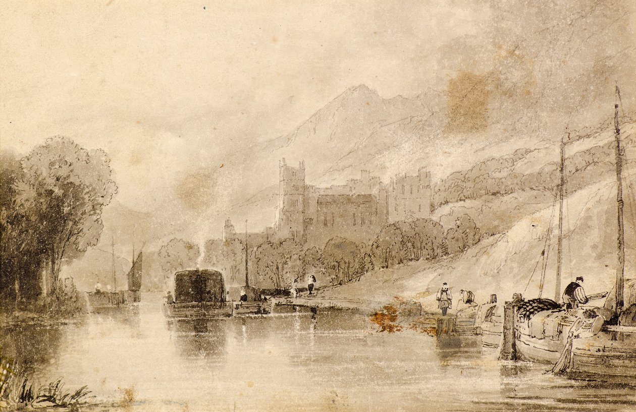 Flusslandschaft mit Lastkähnen und Burgruine von John Wilson Ewbank