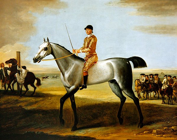 Der berühmte graue Rennpferd Coneyskins des Herzogs von Rutland mit Jockey auf Newmarket Heath von John Wootton