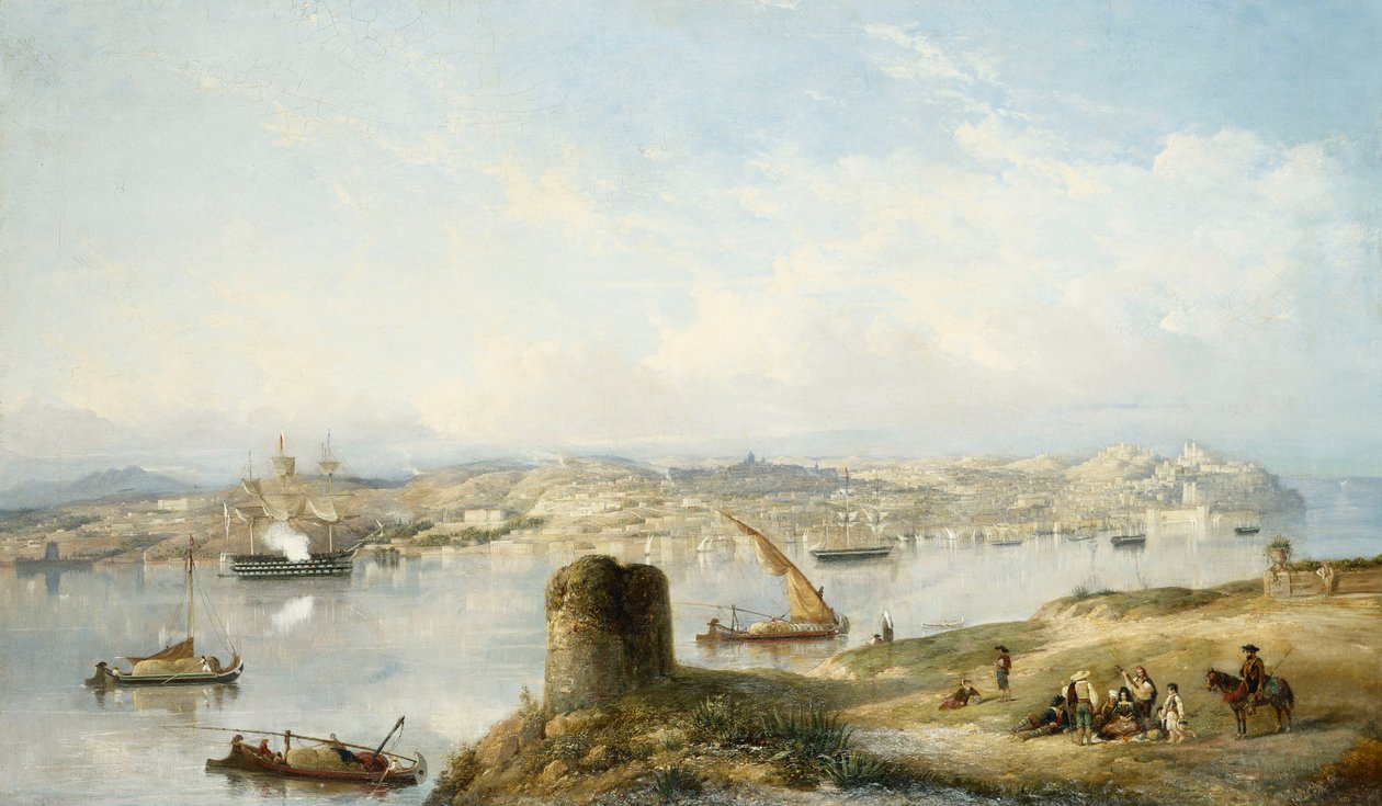 Ein weiter Blick auf Lissabon am Fluss Tejo mit dem Praca do Terreiro do Paco, der alten Kathedrale und dem Castelo de S. Jorge von John or Giovanni Schranz