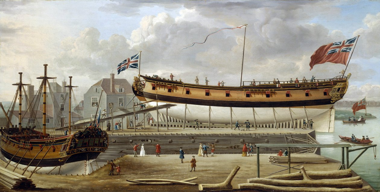 Ein Sechstratenschiff der britischen Royal Navy im Trockendock, wahrscheinlich in der Werft von Rotherhite an der Südbank der Themse von John the Elder Cleveley
