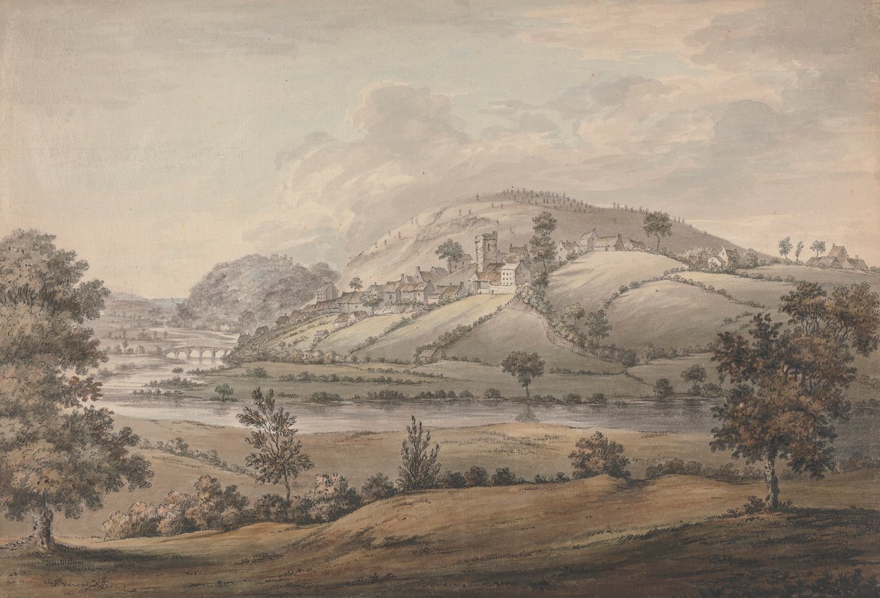 Hügelige Landschaft mit Dorf und Fluss von Jonathan Fisher