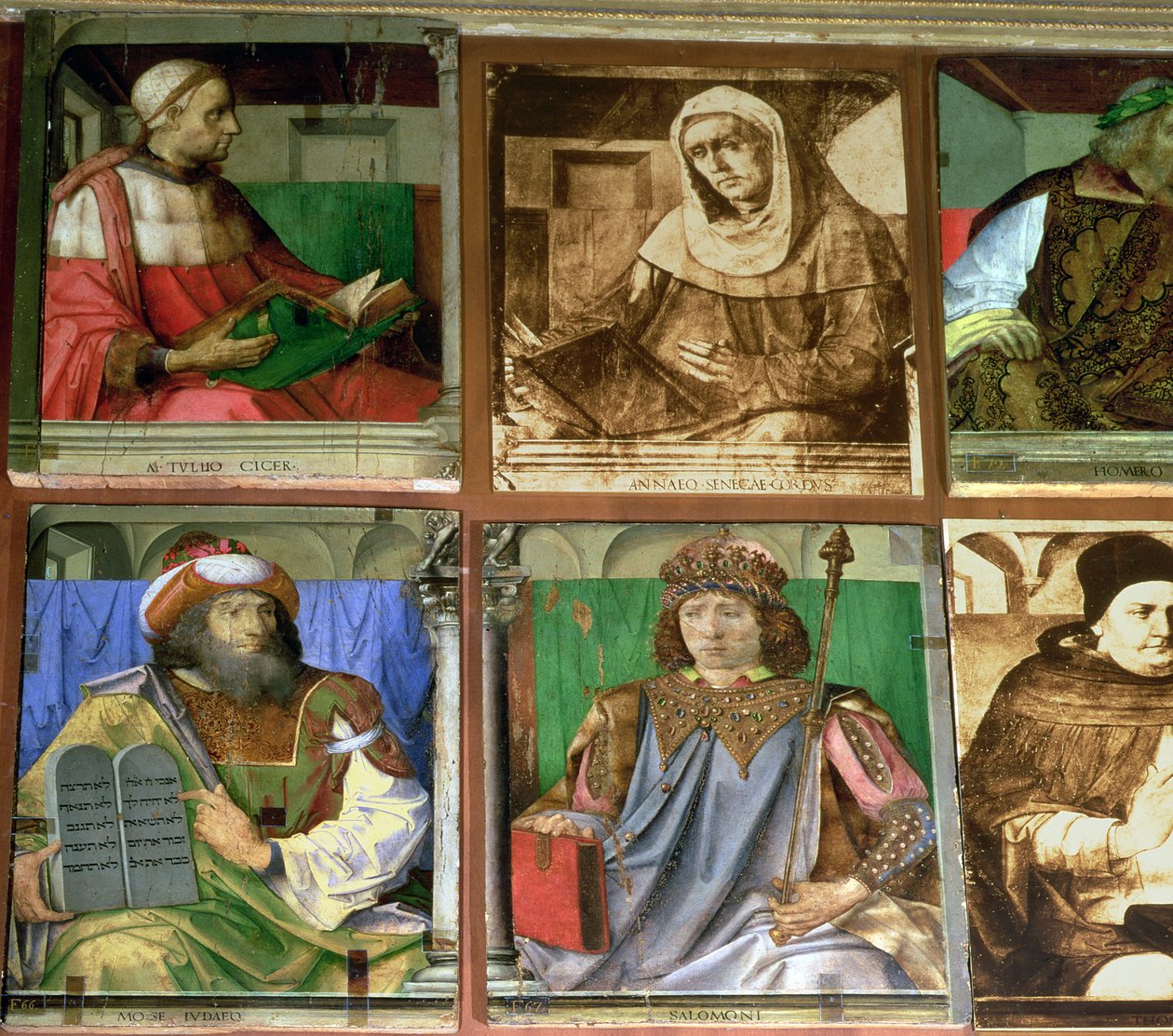 Das Arbeitszimmer von Federigo da Montefeltro, Herzog von Urbino, im Uhrzeigersinn von oben links: Cicero, römischer Redner; Seneca, römischer Stoikerphilosoph; Homer, griechischer epischer Dichter; St. von Joos van Gent