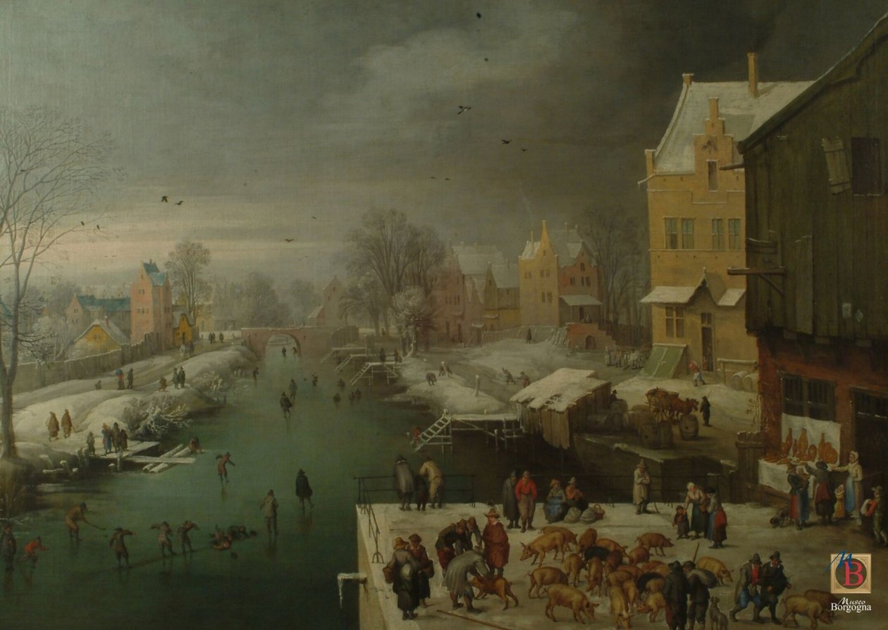 Winterlandschaft mit Schlittschuhläufern und einem Schweinemarkt von Joos de Momper the younger
