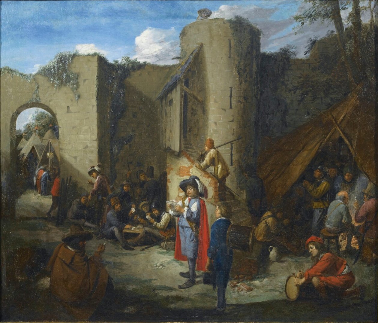 Ein Offizier liest einen Brief in einem Militärlager neben den Mauern einer Burg von Joos van Craesbeeck