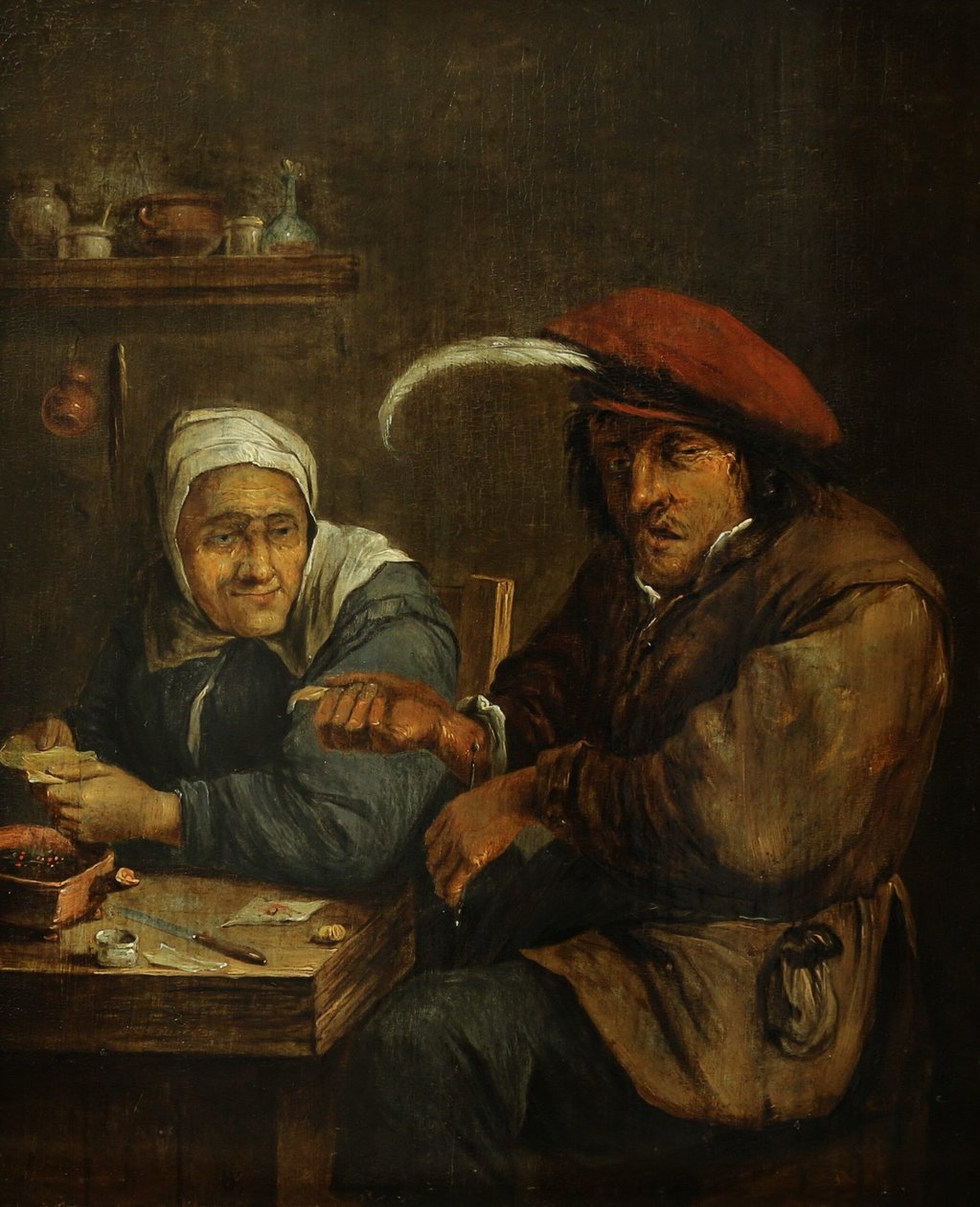 Innenraum mit einer alten Frau und einem Mann beim Aderlass (Allegorie des Tastsinns) von Joos van Craesbeeck