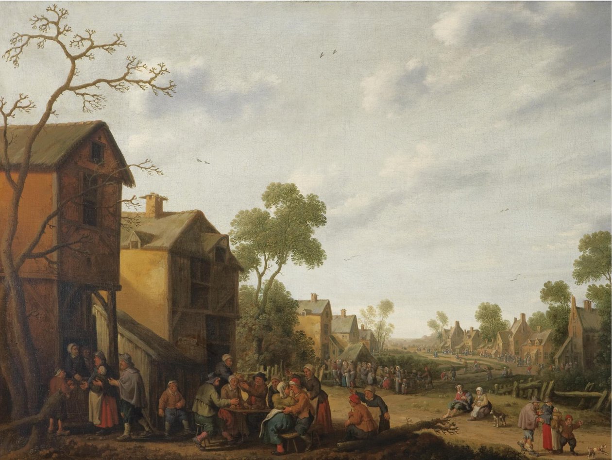 Eine Dorfszene mit Bauern, die draußen vor einem Gasthaus essen und trinken, Bettler links von Joost Cornelisz Droochsloot