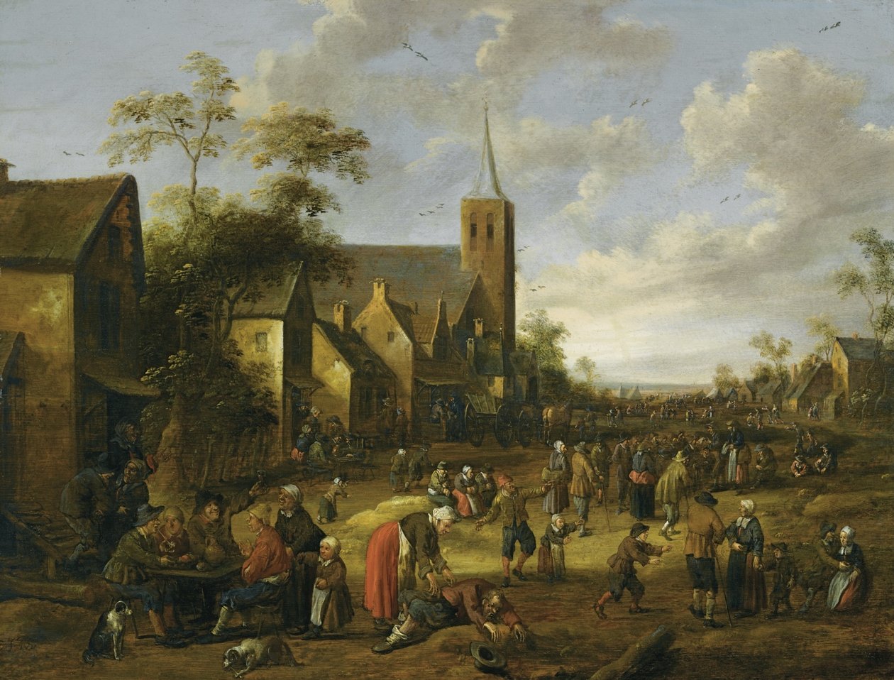 Eine belebte Dorfstraße mit zahlreichen Figuren, Bauern essen und trinken an einem Tisch im Vordergrund, ein Kirchturm dahinter von Joost Cornelisz Droochsloot