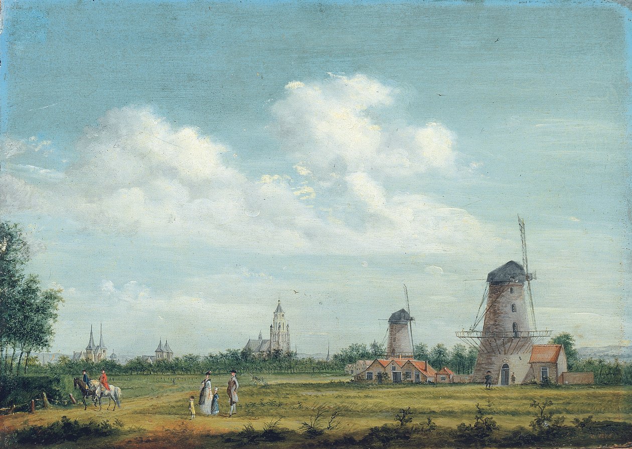 Ein Blick auf Arnhem mit der St. Walburgskerk links und der Grote Kerk rechts, elegante Stadtbewohner spazieren in der Nähe, 1776 von Jordanus Hoorn
