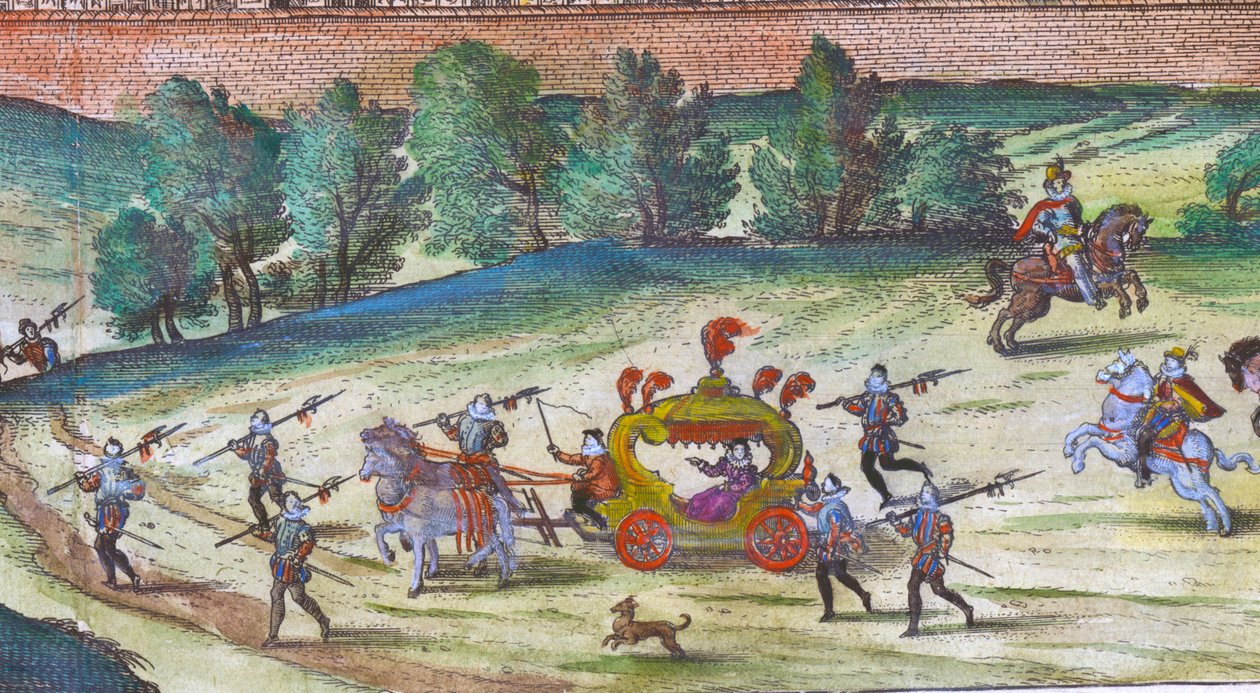 Ankunft von Königin Elizabeth I. im Nonesuch Palace mit ihren Höflingen, Wachen und Hunden, 1598 (Detail) von Joris Hoefnagel