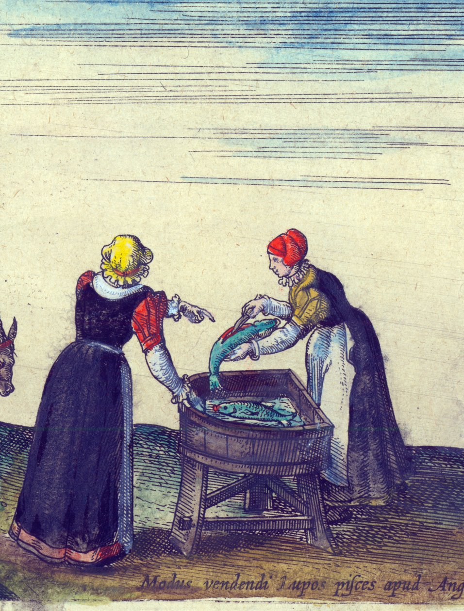 Fischweiber verkaufen und zerlegen Hecht, 1598 (Detail) von Joris Hoefnagel