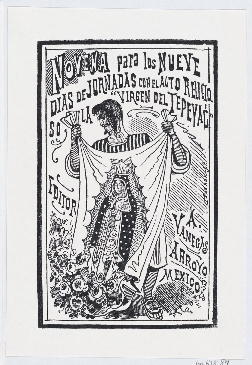 Ein Mann hält ein Stück Stoff mit einem Bild der Jungfrau, Illustration für ..., ca. 1880-1910 von José Guadalupe Posada