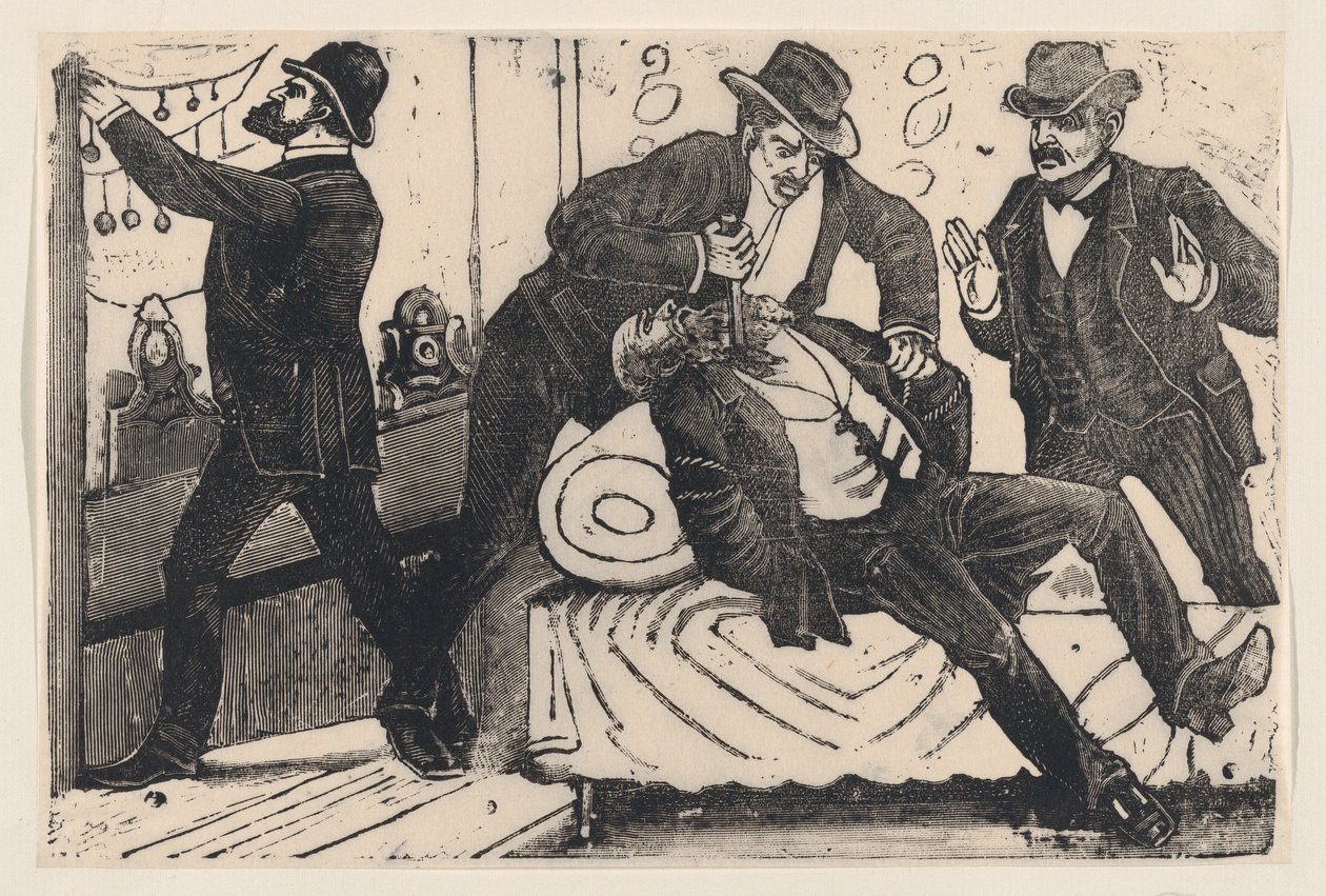 Ein Mann sticht einem anderen Mann in die Brust, während seine Komplizen ein Geschäft plündern, ca. 1890-1891 von José Guadalupe Posada
