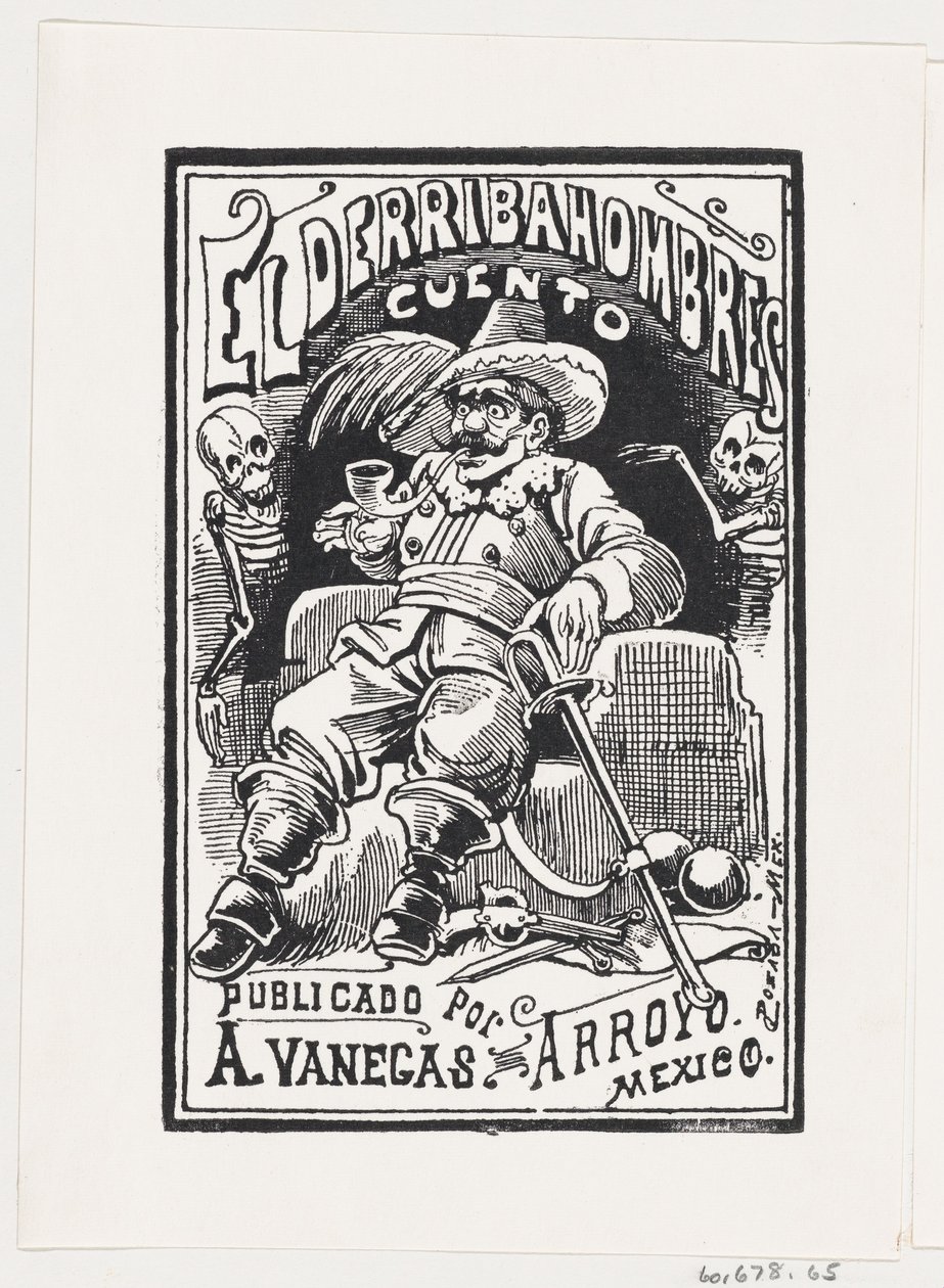 Ein Mann mit Waffen und einer Pfeife im Mund, flankiert von zwei Skeletten, Illustration..., ca. 1880-1910 von José Guadalupe Posada