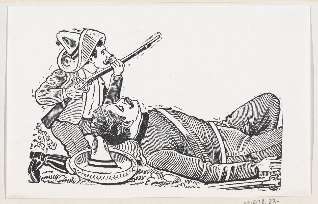 Ein Revolutionär mit einem Gewehr, der kniet, um einen gefallenen Revolutionär zu schützen, ca. 1880-1910 von José Guadalupe Posada