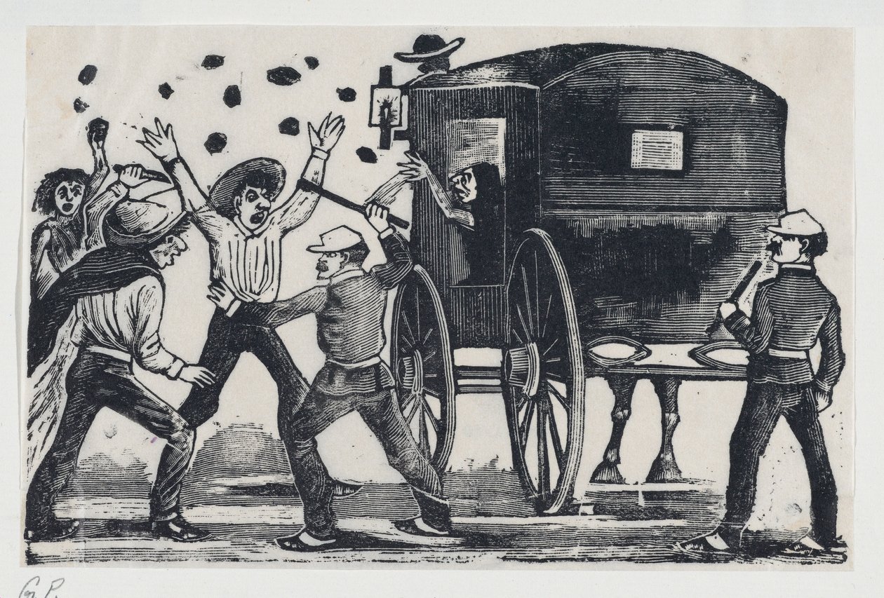 Männer kämpfen in der Nähe eines Pferdes und einer Kutsche, ca. 1900-1910 von José Guadalupe Posada